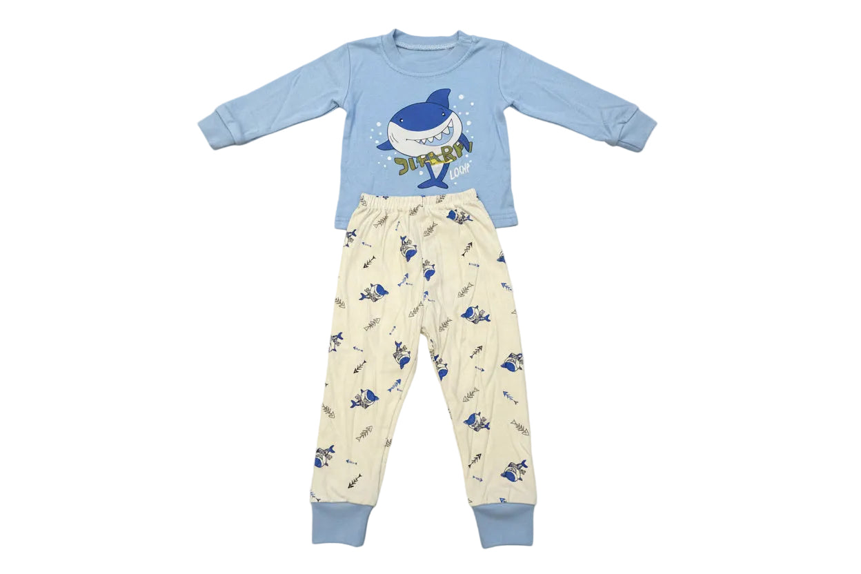 Kids Pajamas set 100% Printed Cotton Sleepwear Shark Print - Size 12M
