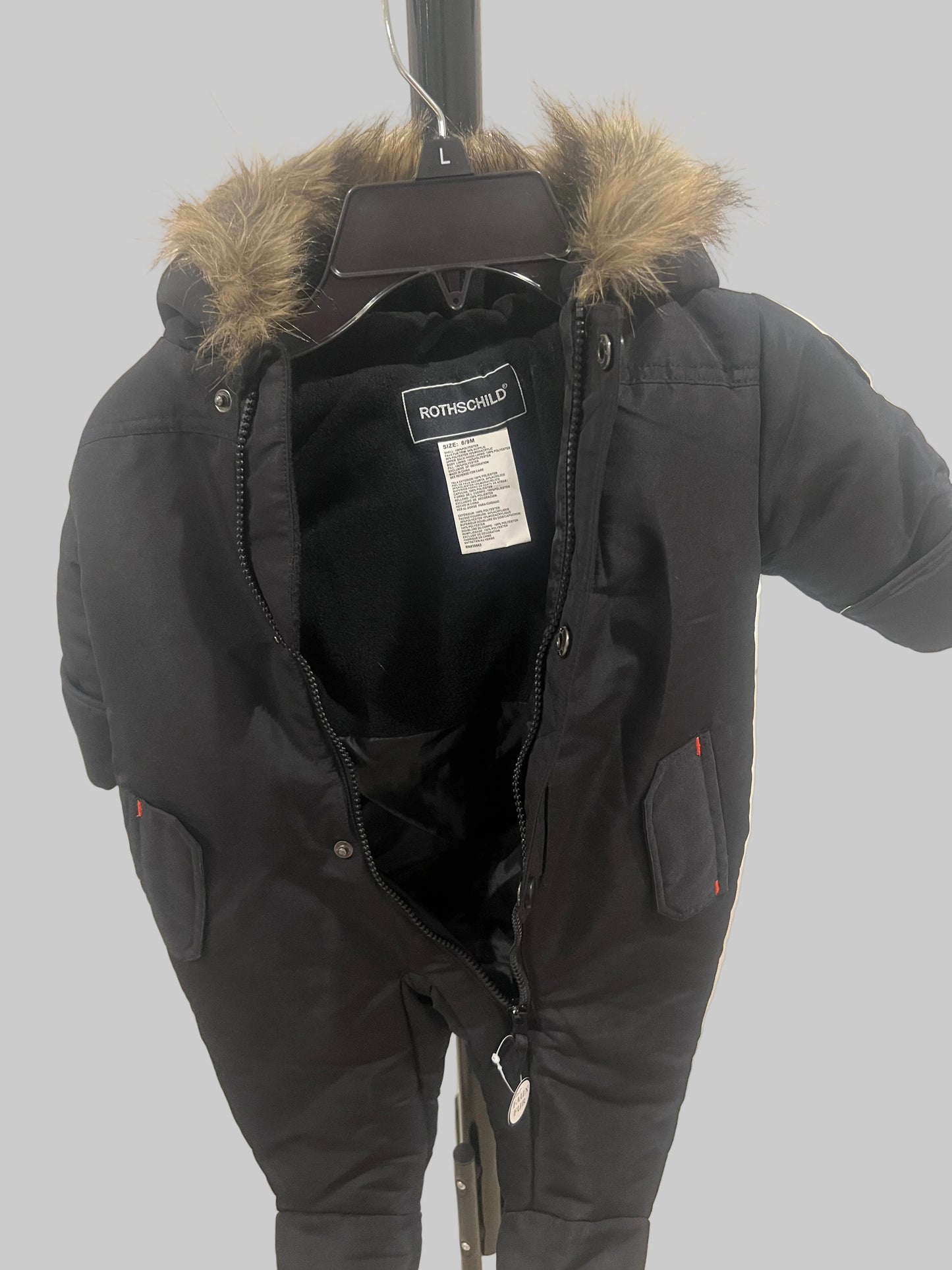 Rothschild 1 Piece Snowsuit Hooded Covered Hand and Feet Black- 6-9 Months