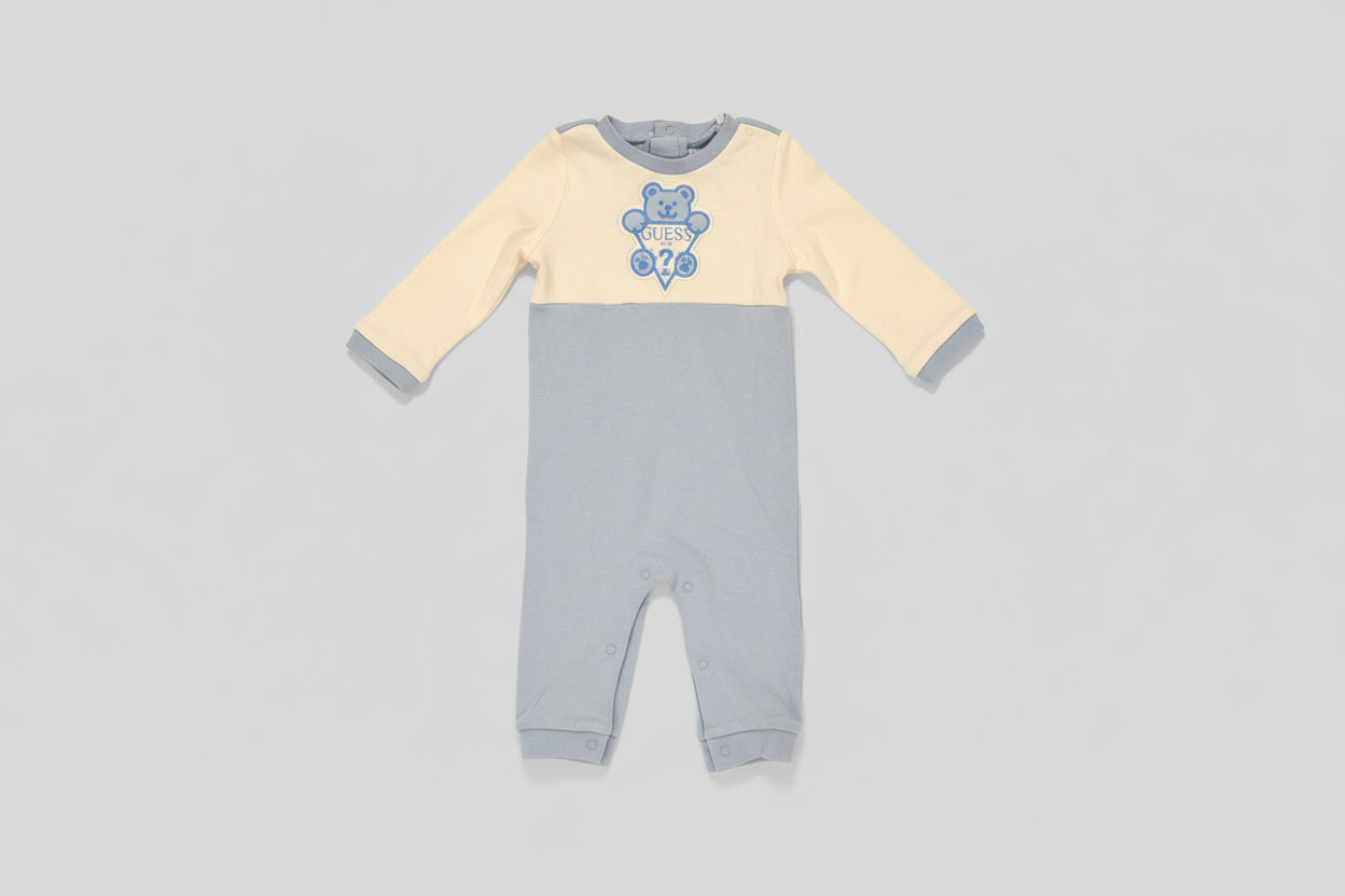 Guess Boy's Organic Cotton White and Light Blue with Teddy Bear Graphic Romper