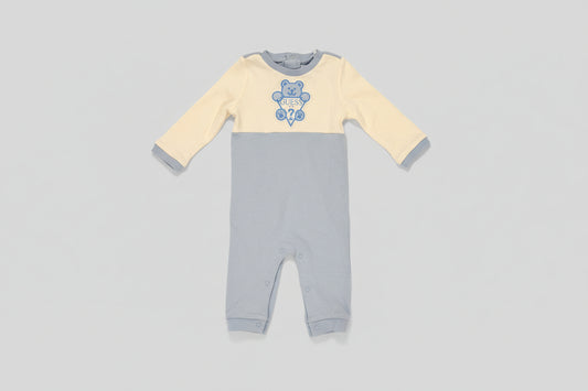 Guess Boy's Organic Cotton White and Light Blue with Teddy Bear Graphic Romper