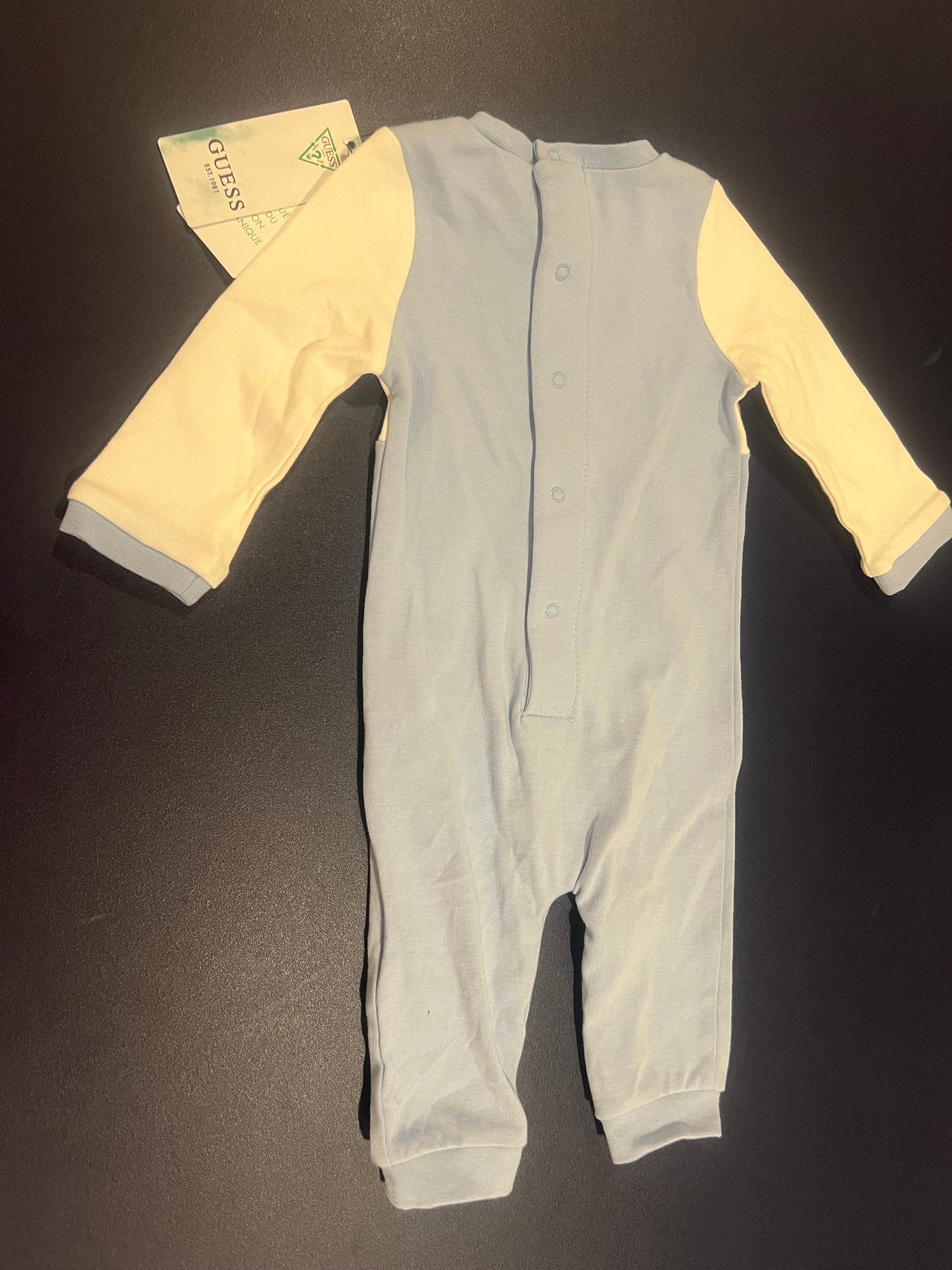 Guess Boy's Organic Cotton White and Light Blue with Teddy Bear Graphic Romper