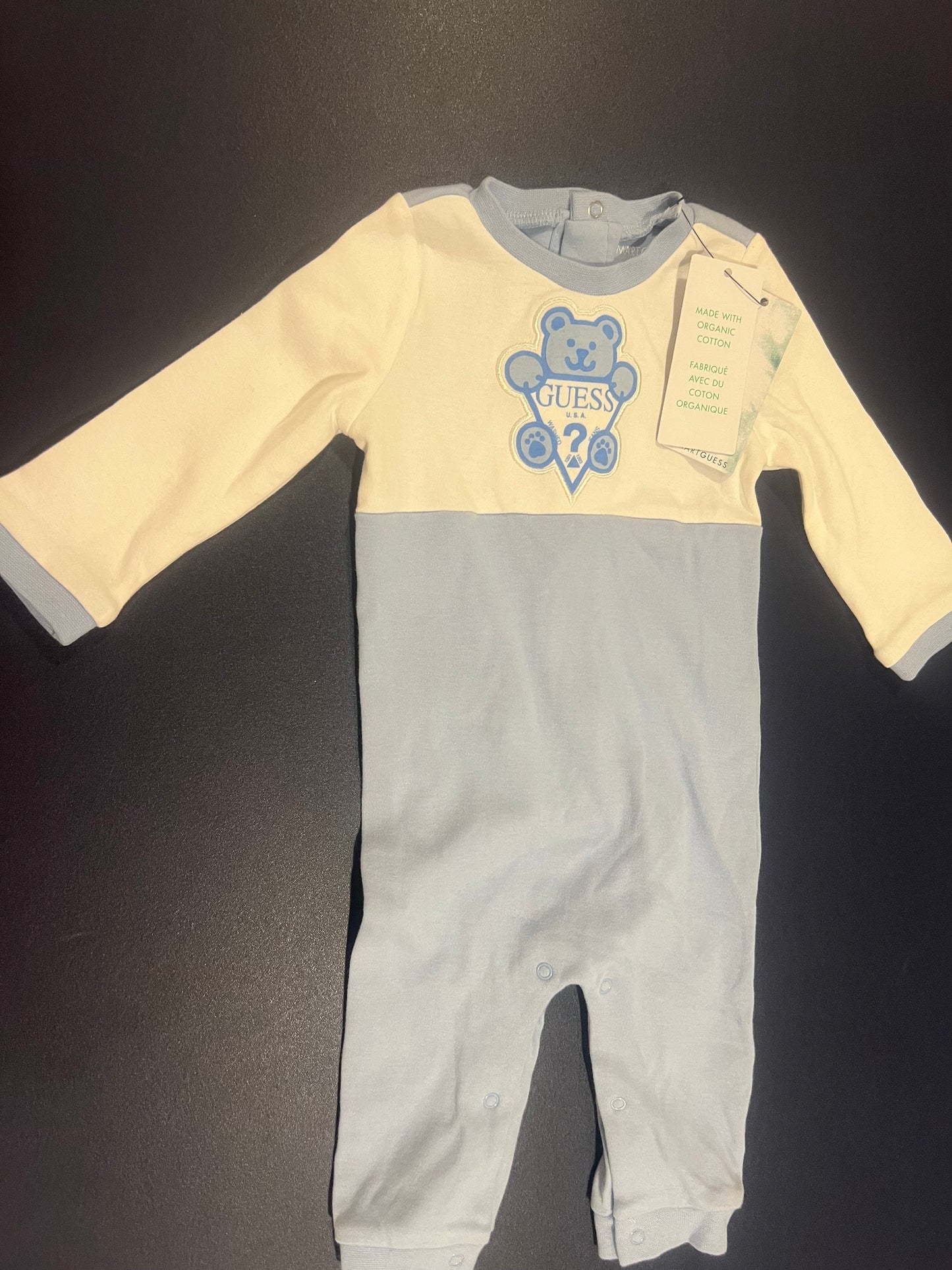 Guess Boy's Organic Cotton White and Light Blue with Teddy Bear Graphic Romper