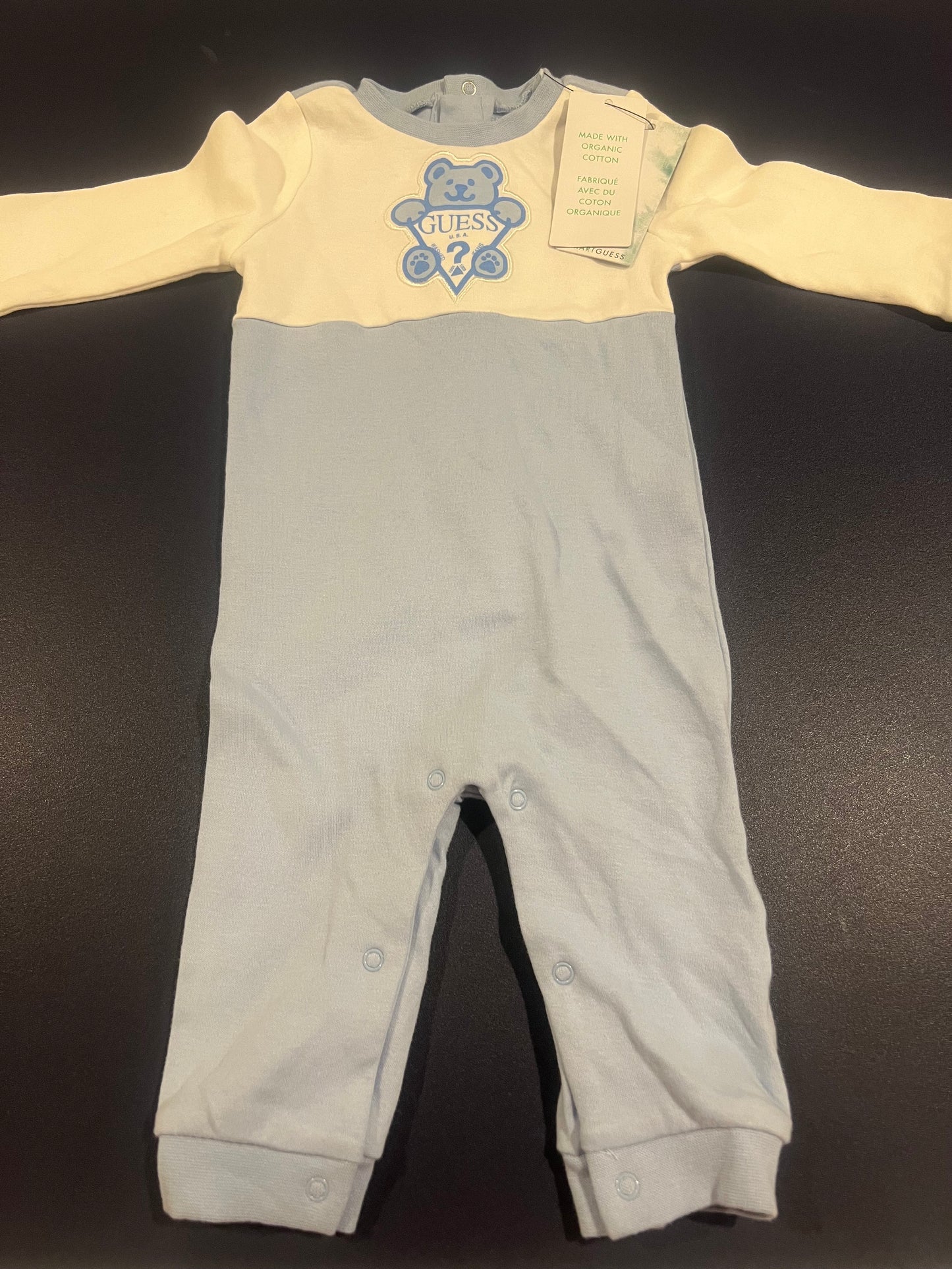 Guess Boy's Organic Cotton White and Light Blue with Teddy Bear Graphic Romper