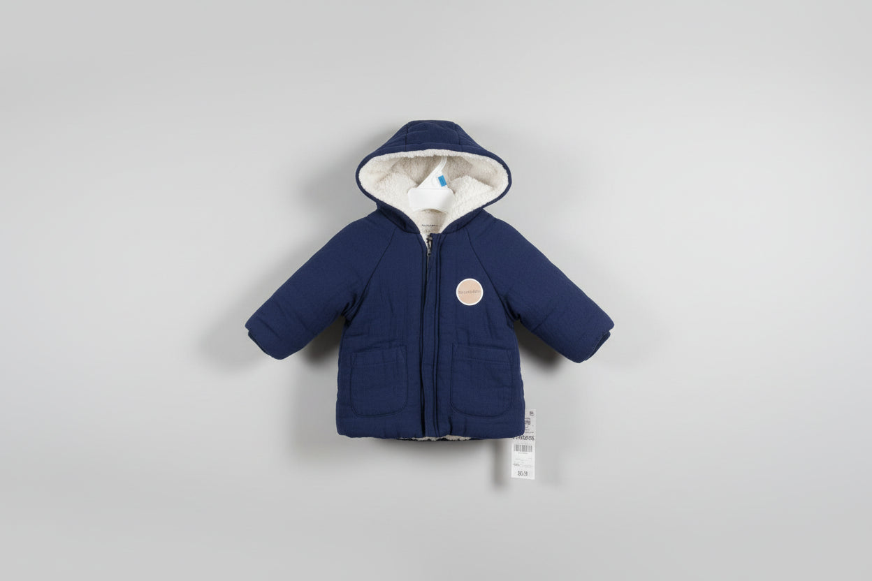 First Impressions Baby Boy Reversible Faux Sherpa Crepe Hooded Jacket in Blue - 0-3 months