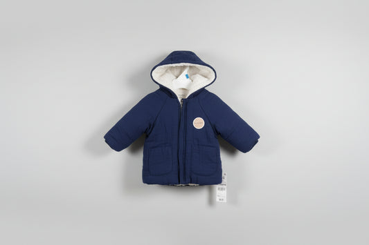 First Impressions Baby Boy Reversible Faux Sherpa Crepe Hooded Jacket in Blue - 0-3 months