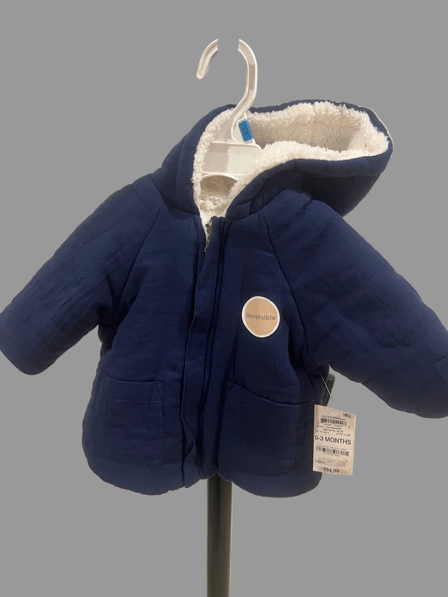 First Impressions Baby Boy Reversible Faux Sherpa Crepe Hooded Jacket in Blue - 0-3 months