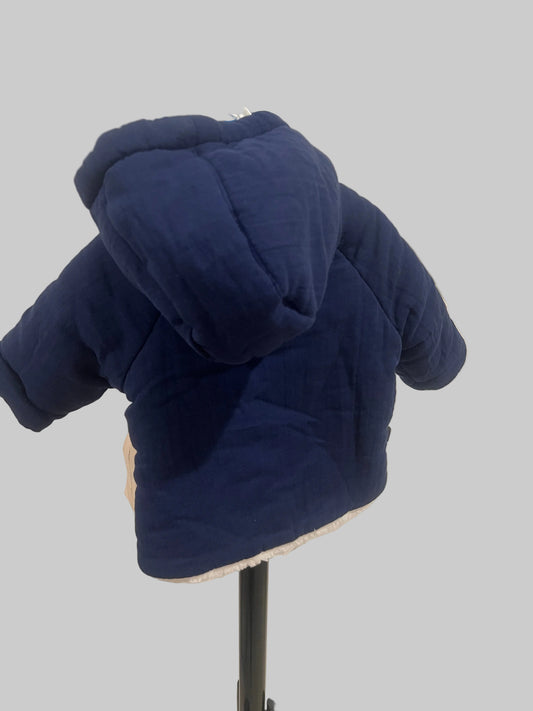 First Impressions Baby Boy Reversible Faux Sherpa Crepe Hooded Jacket in Blue - 0-3 months