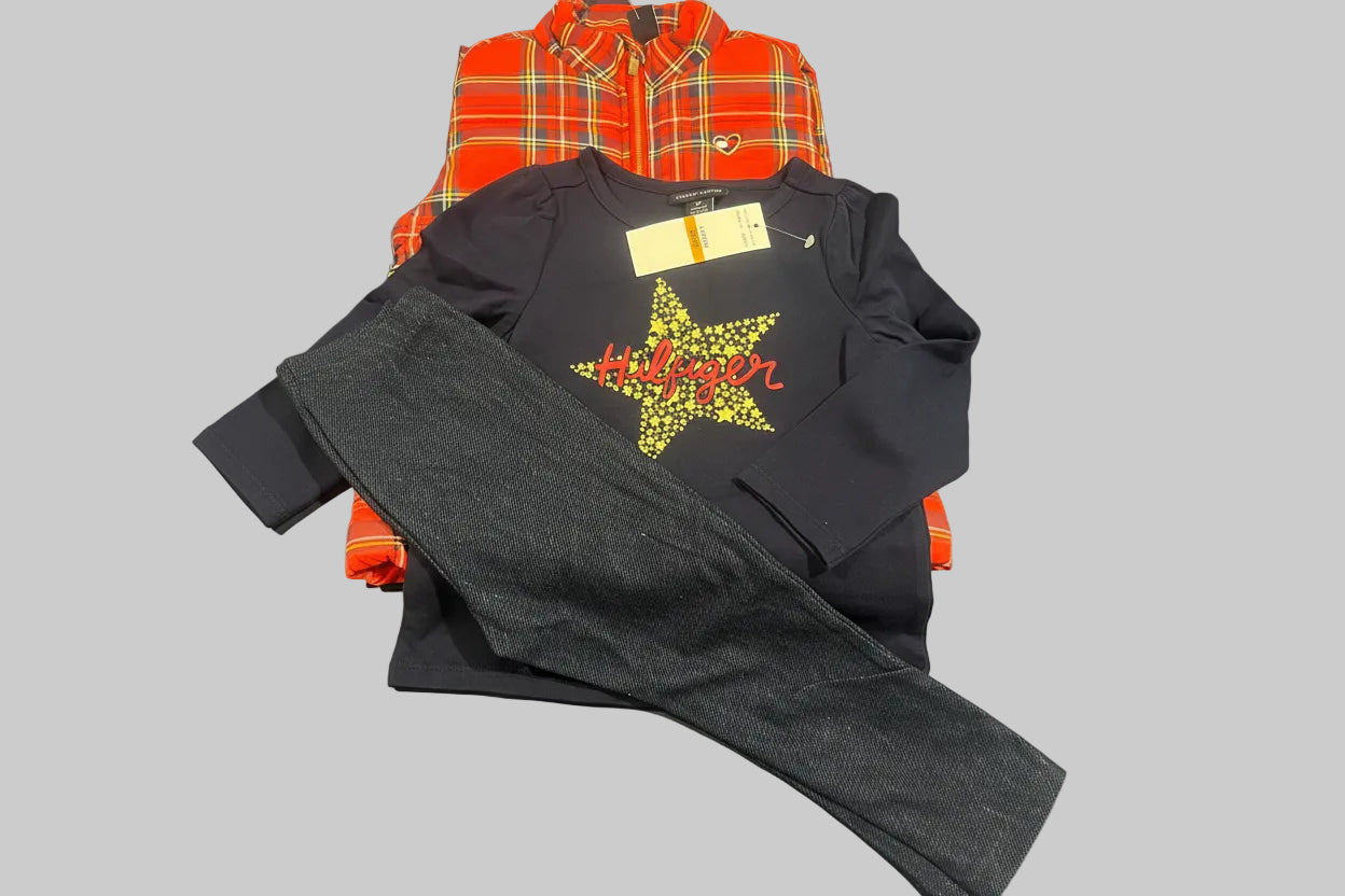 Tommy Hilfiger Toddler Girl’s Gold Star Long Sleeve Tee, Leggings and Puffer vest Set