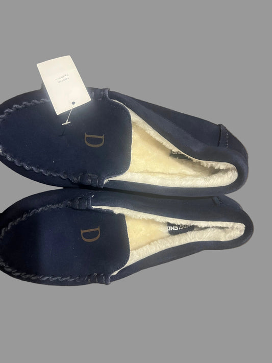 Lands' End Navy Blue Big Kids Suede Faux Fur Lined Moccasin Slippers - Size 7M