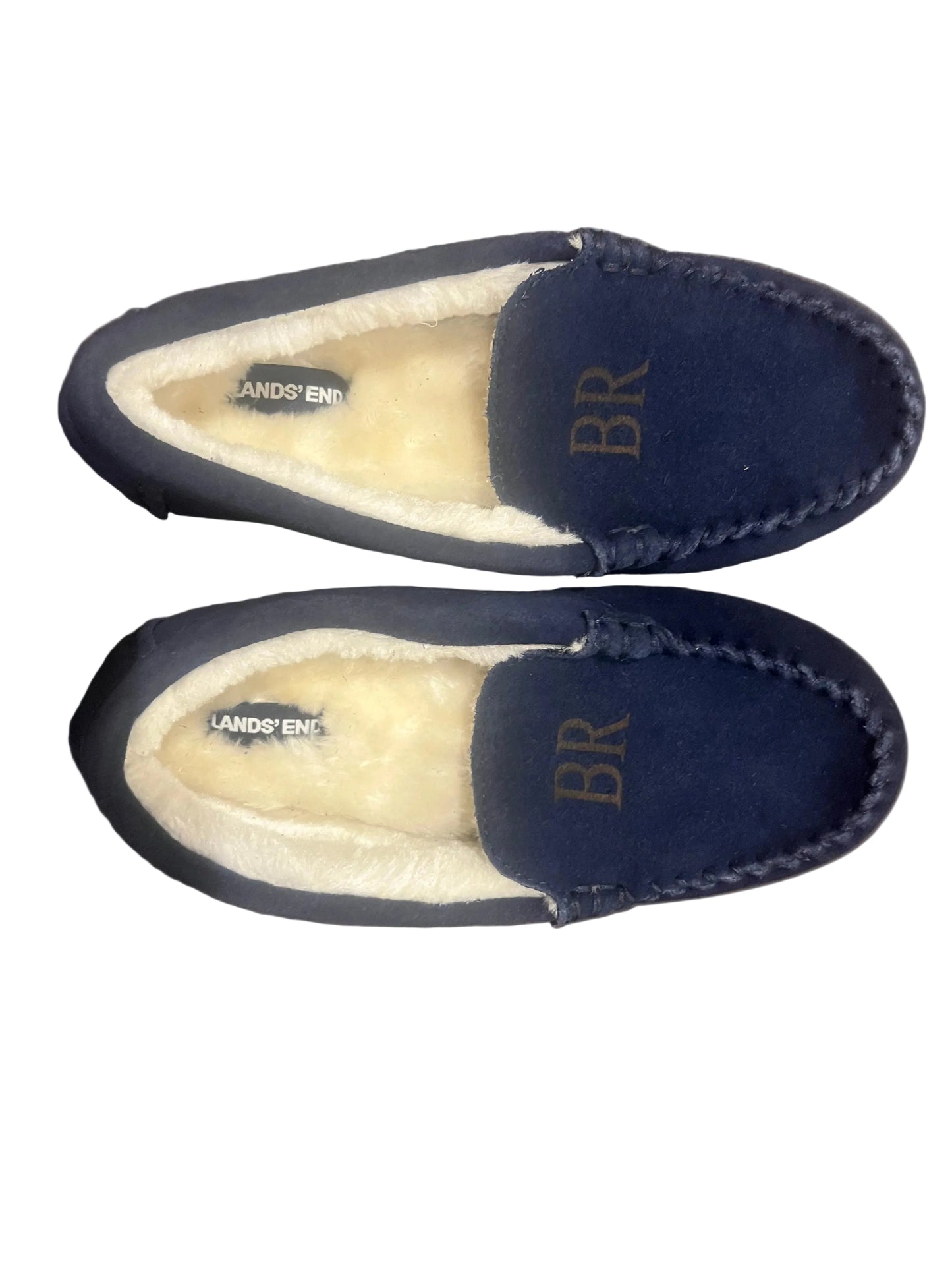 Lands' End Kids Fuzzy Lined Suede Moccasin Slippers Navy Blue Letter BR - Size 5M