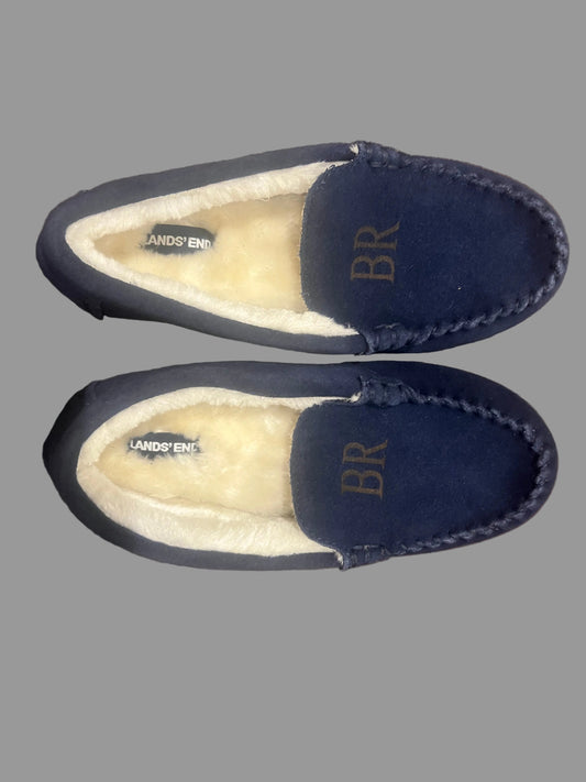 Lands' End Navy Blue Big Kids Suede Faux Fur Lined Moccasin Slippers - Size 5M