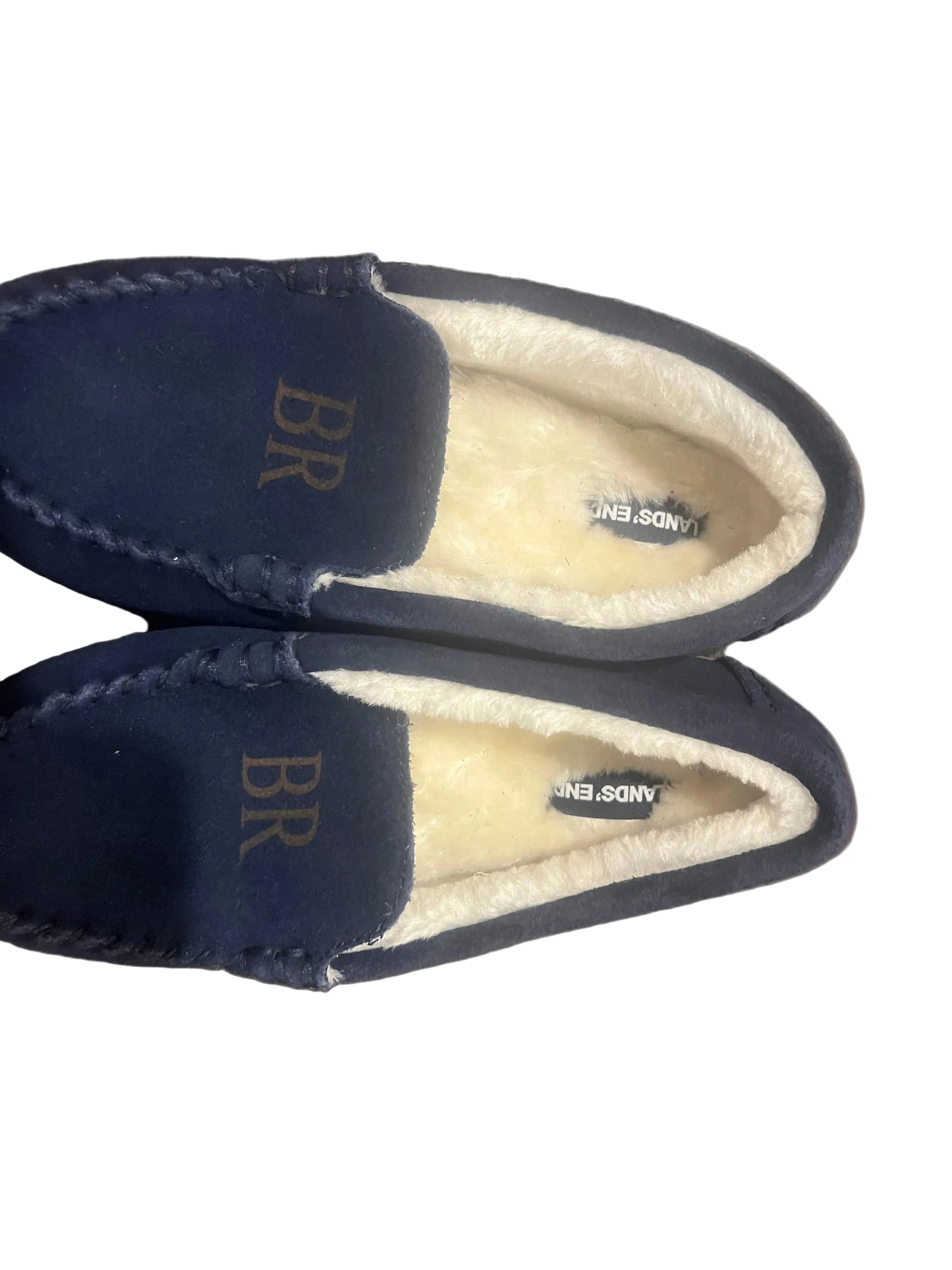 Lands' End Kids Fuzzy Lined Suede Moccasin Slippers Navy Blue Letter BR - Size 5M