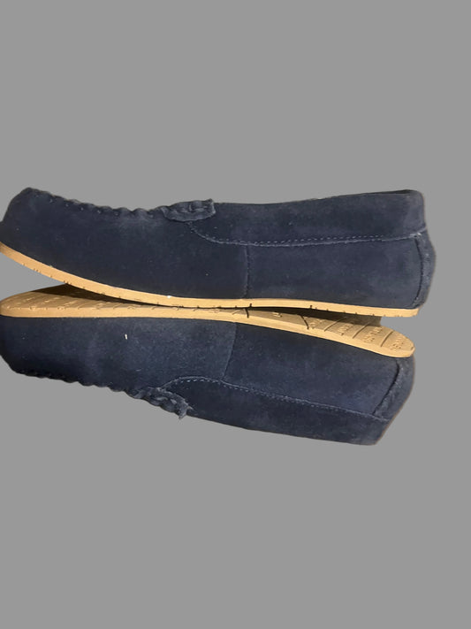 Lands' End Navy Blue Big Kids Suede Faux Fur Lined Moccasin Slippers - Size 7M
