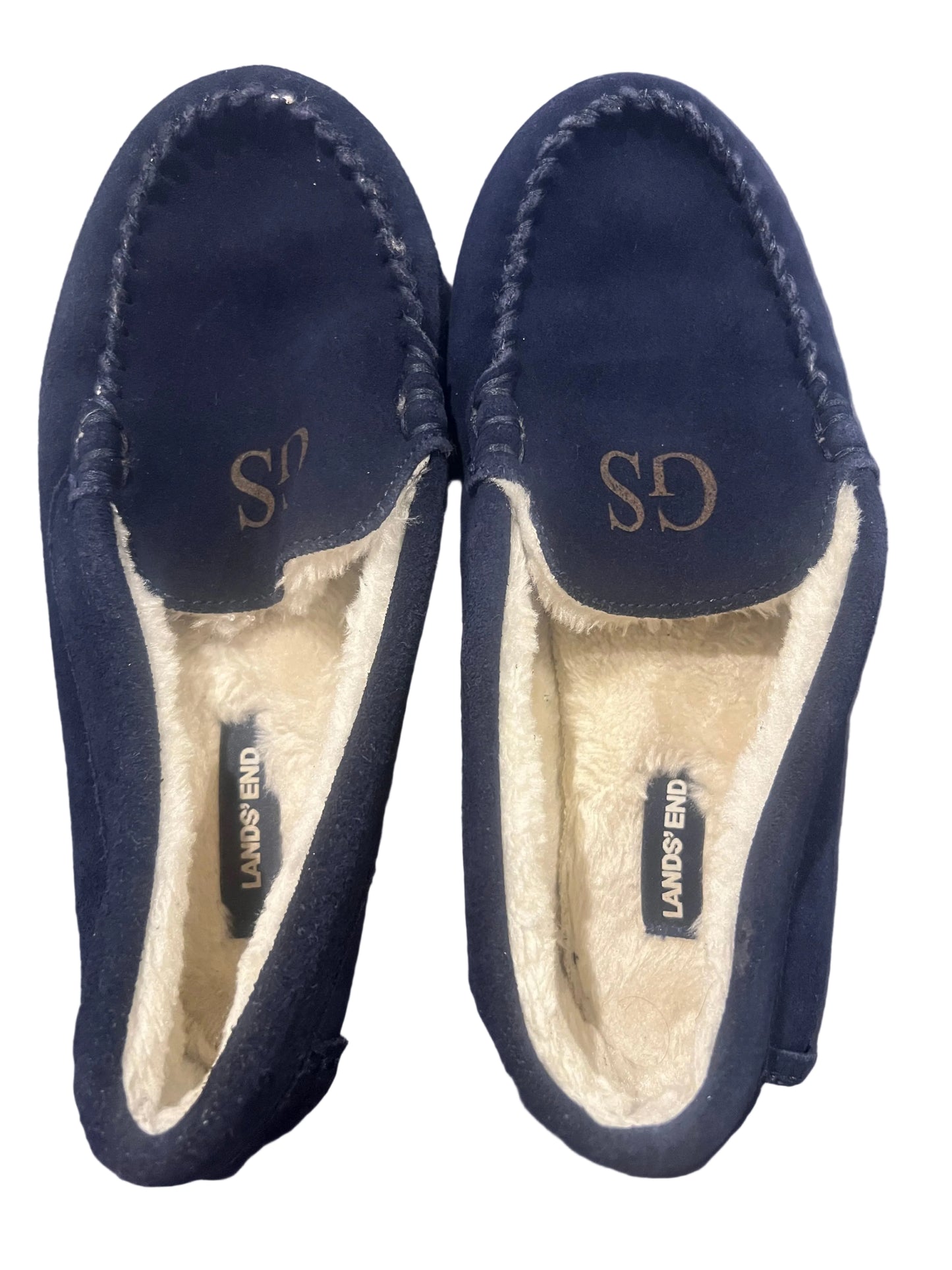 Lands End Kids' Fuzzy Lined Suede Moccasin Slippers Navy Blue Initial GS - Size 7M