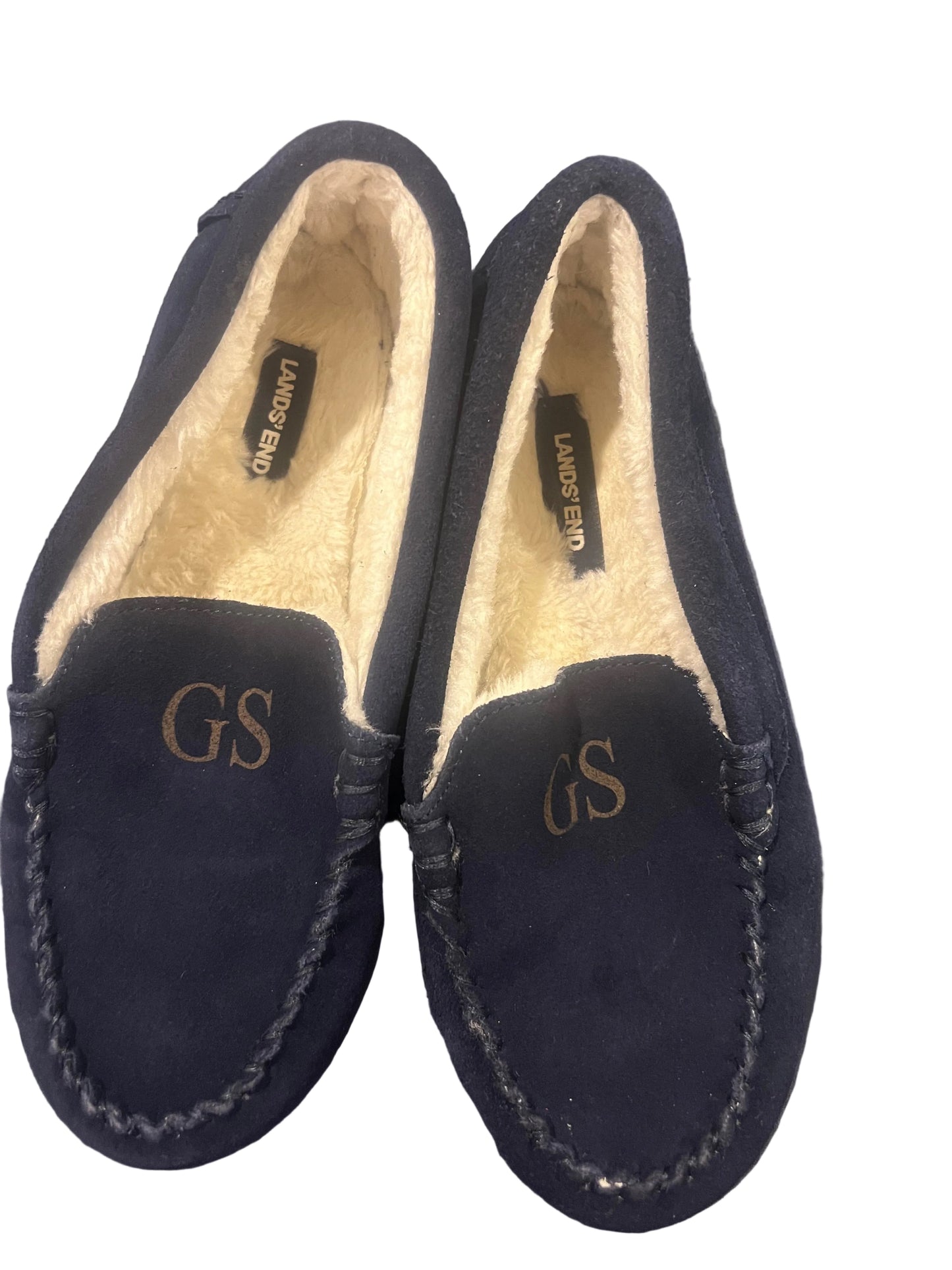 Lands End Kids' Fuzzy Lined Suede Moccasin Slippers Navy Blue Initial GS - Size 7M