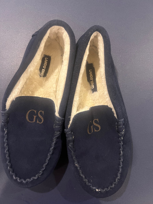 Lands' End Navy Blue Big Kids Suede Faux Fur Lined Moccasin Slippers - Size 7