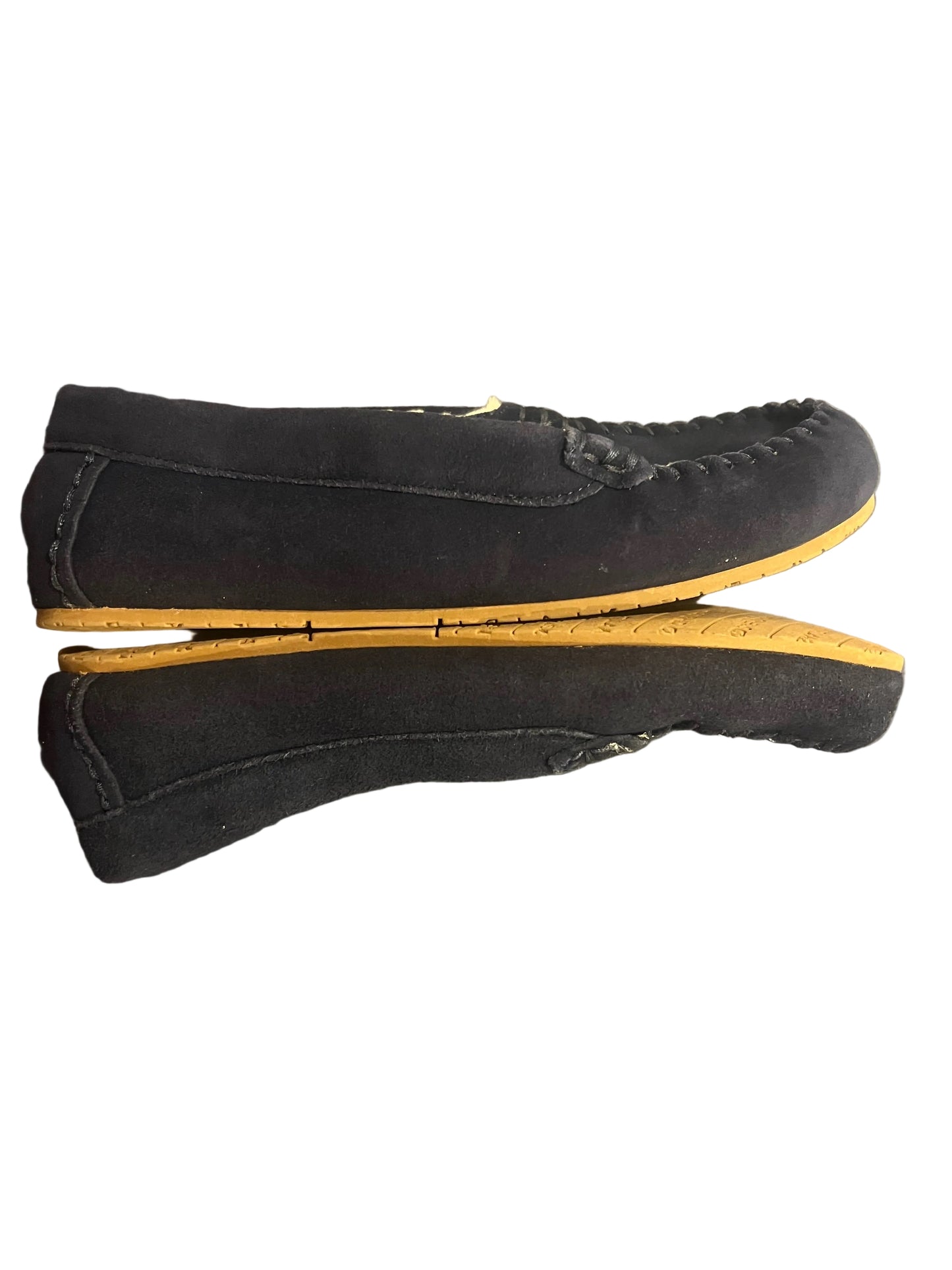 Lands' End Kids Fuzzy Lined Suede Moccasin Slippers Navy Blue Initial WB - Size 7M