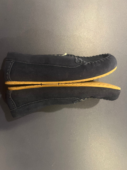 Lands' End Navy Blue Big Kids Suede Faux Fur Lined Moccasin Slippers - Size 7