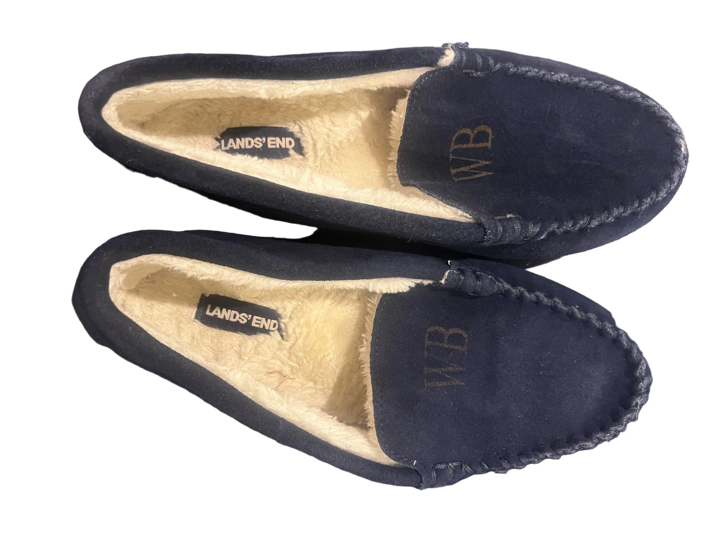 Lands' End Kids Fuzzy Lined Suede Moccasin Slippers Navy Blue Initial WB - Size 7M