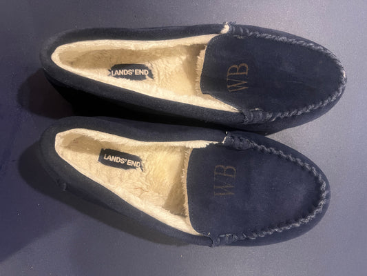 Lands' End Navy Blue Big Kids Suede Faux Fur Lined Moccasin Slippers - Size 7