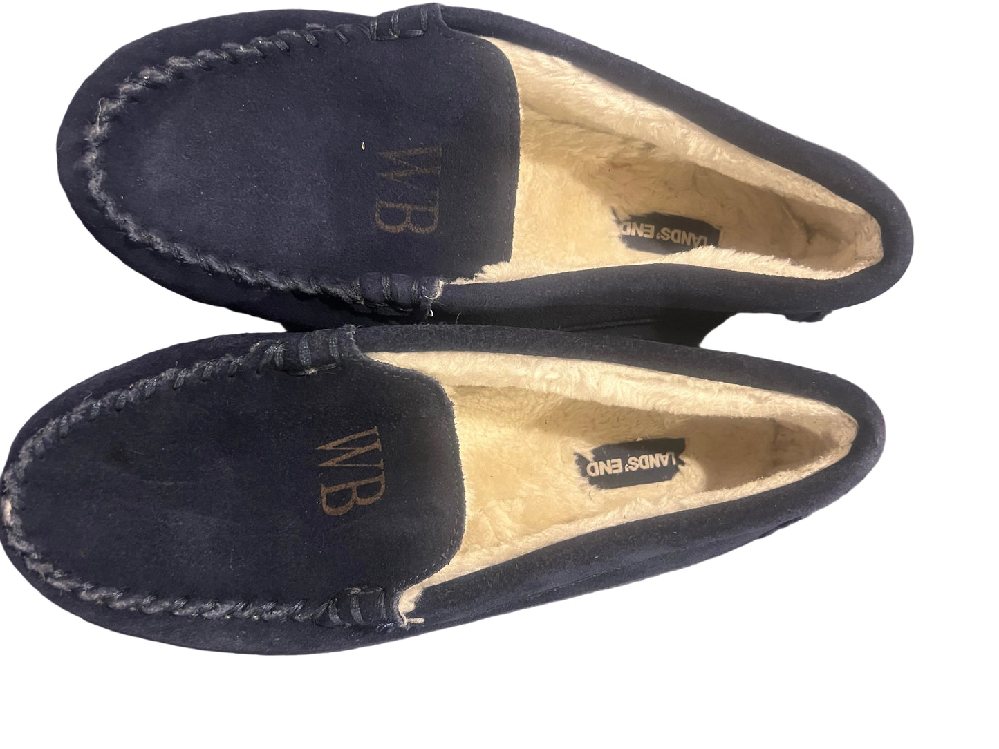 Lands' End Kids Fuzzy Lined Suede Moccasin Slippers Navy Blue Initial WB - Size 7M