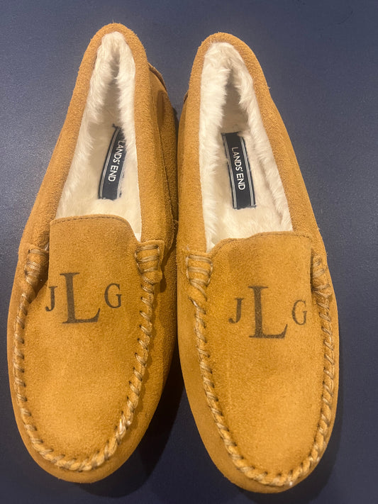 Lands' End Women's Suede Moccasin Slippers English Tan Fur Interior - Size 7