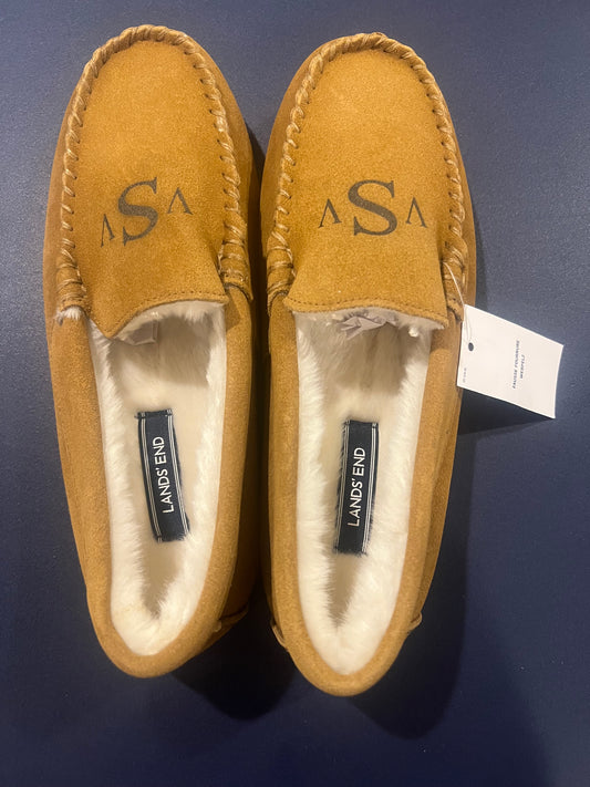 Lands' End Women's Suede Moccasin Slippers English Tan Fur Interior - Size 8