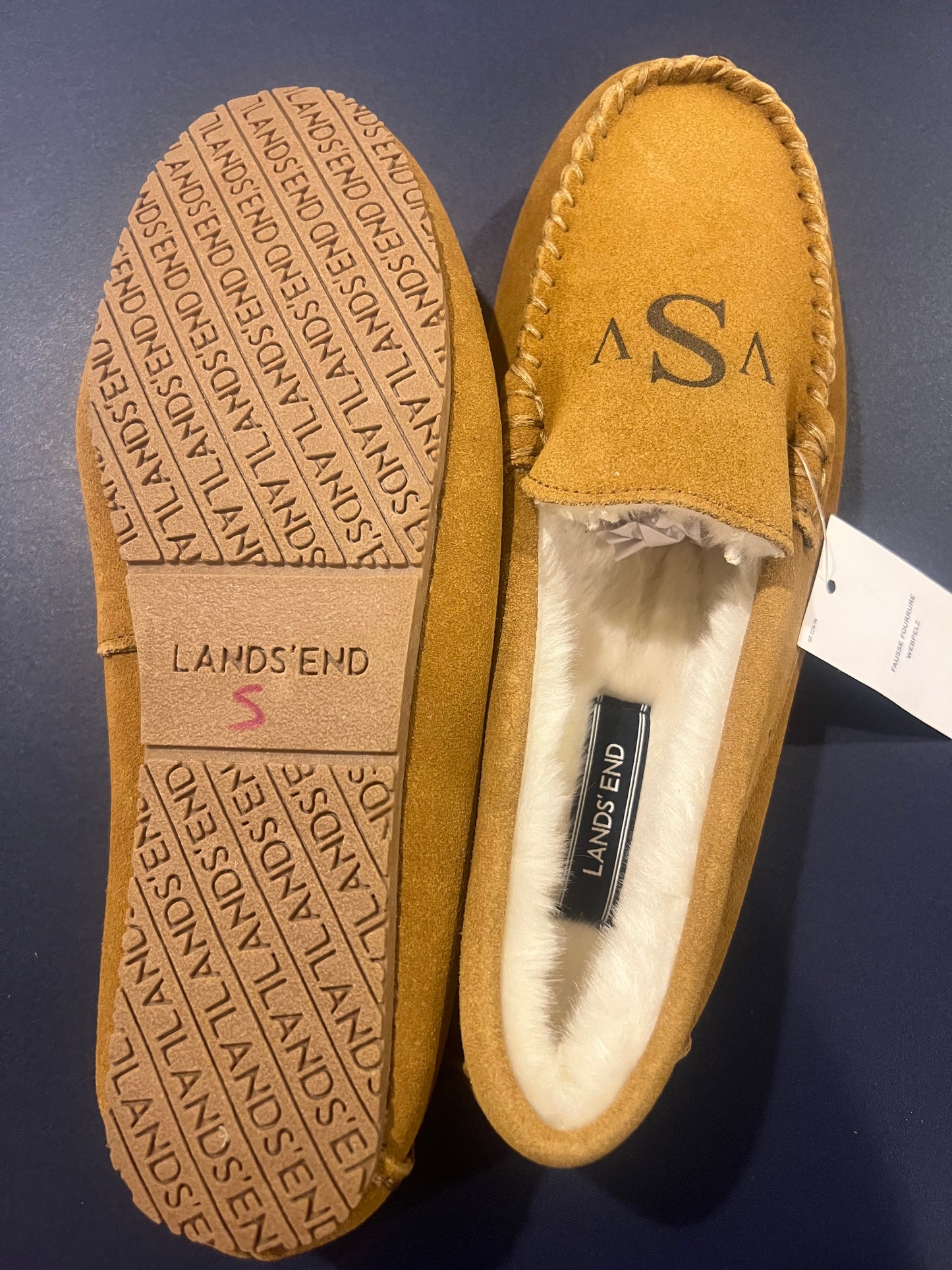 Lands' End Women's Suede Moccasin Slippers English Tan Fur Interior - Size 8