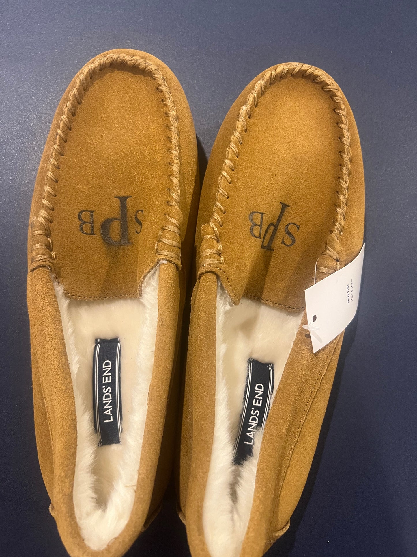 Lands' End Women's Suede Moccasin Slippers English Tan Fur Interior - Size 7