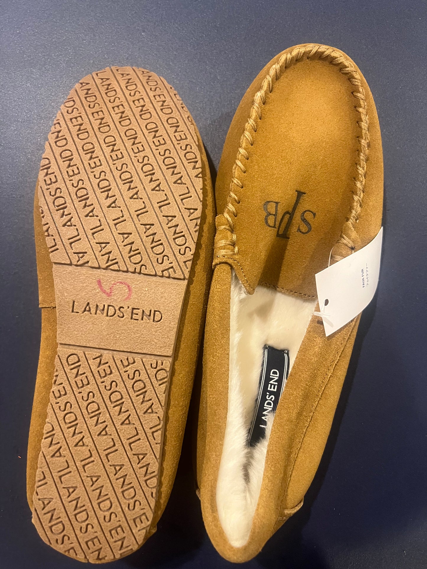 Lands' End Women's Suede Moccasin Slippers English Tan Fur Interior - Size 7