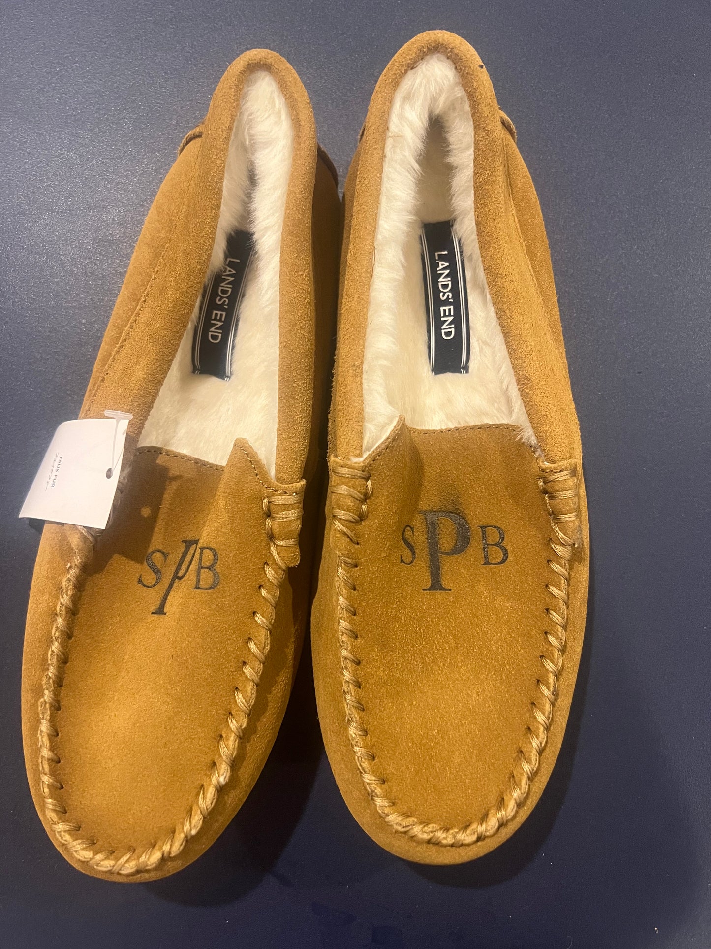 Lands' End Women's Suede Moccasin Slippers English Tan Fur Interior - Size 7