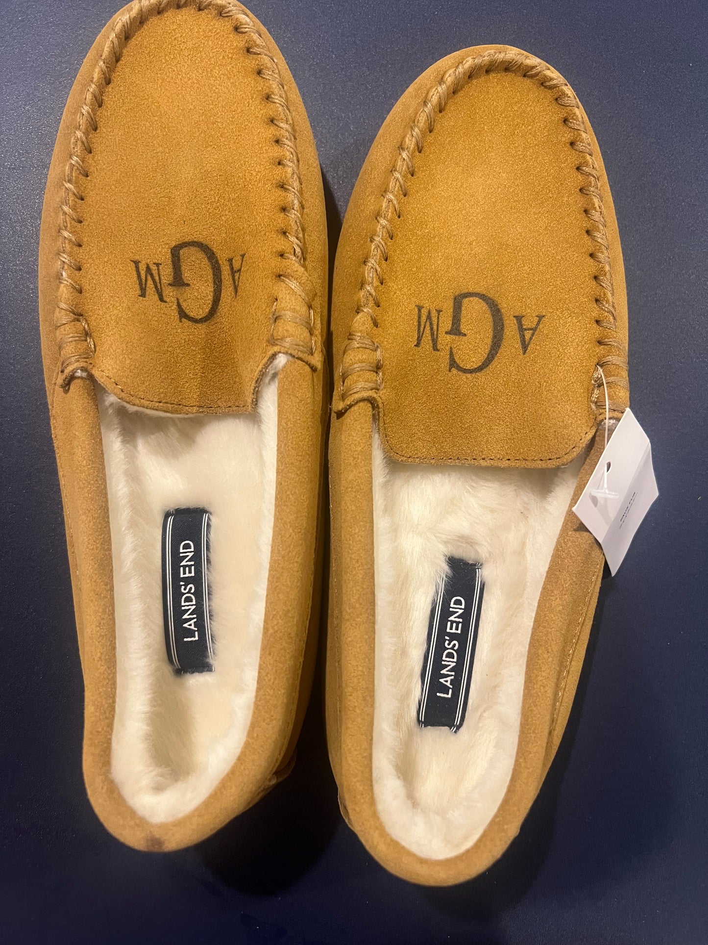 Lands' End Women's Suede Moccasin Slippers English Tan Fur Interior - Size 7