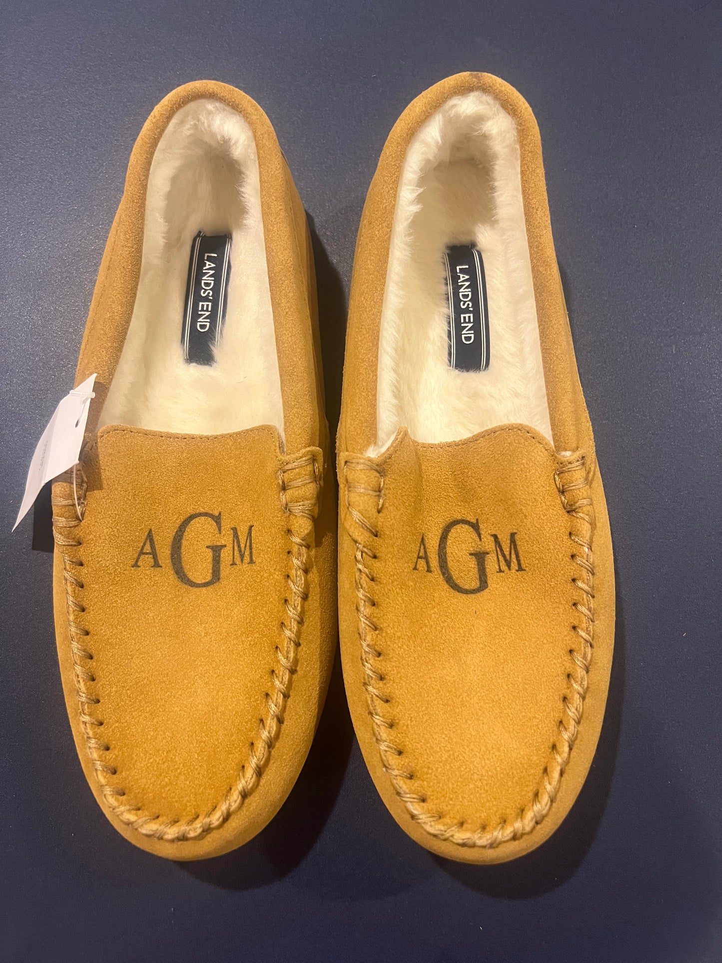 Lands' End Women's Suede Moccasin Slippers English Tan Fur Interior - Size 7