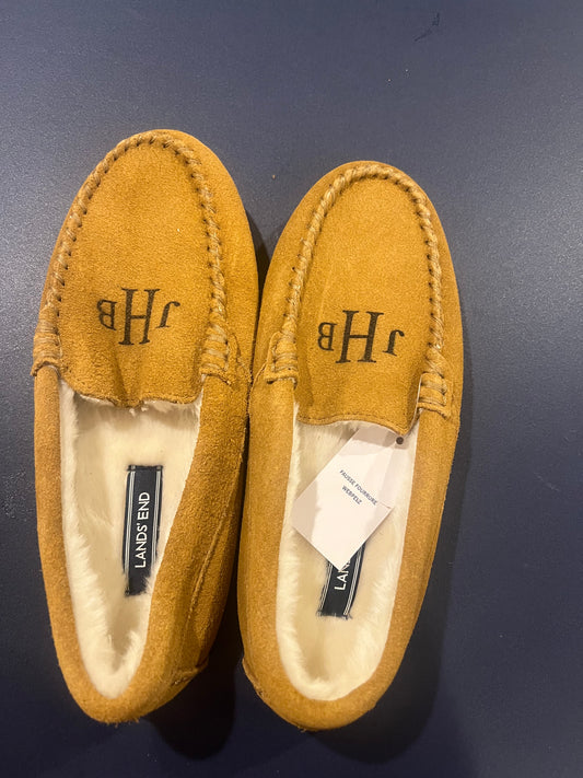 Lands' End Women's Suede Moccasin Slippers English Tan Fur Interior