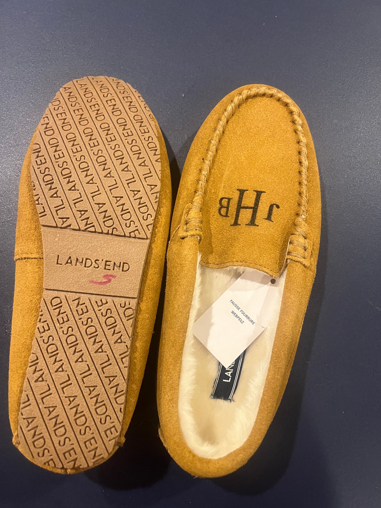 Lands' End Women's Suede Moccasin Slippers English Tan Fur Interior