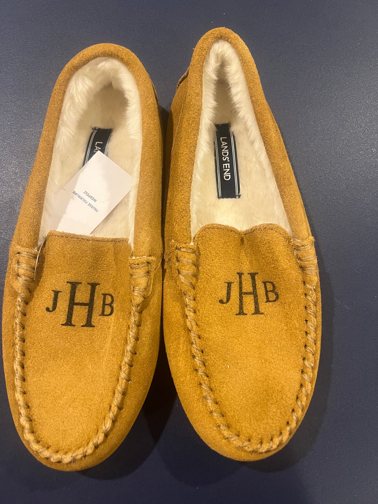 Lands' End Women's Suede Moccasin Slippers English Tan Fur Interior