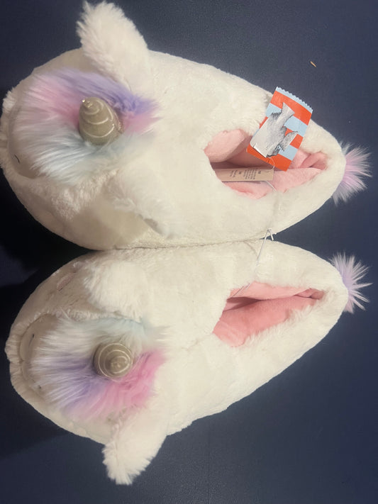 Cat & Jack Girl's White Plush Unicorn Slippers with a Gold Horn- L (4/5)