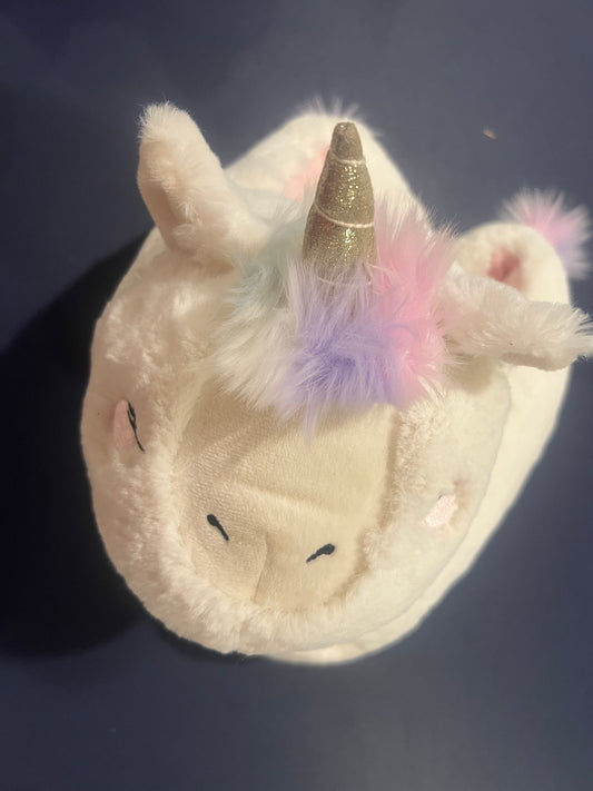 Cat & Jack Girl's White Plush Unicorn Slippers with a Gold Horn- L (4/5)