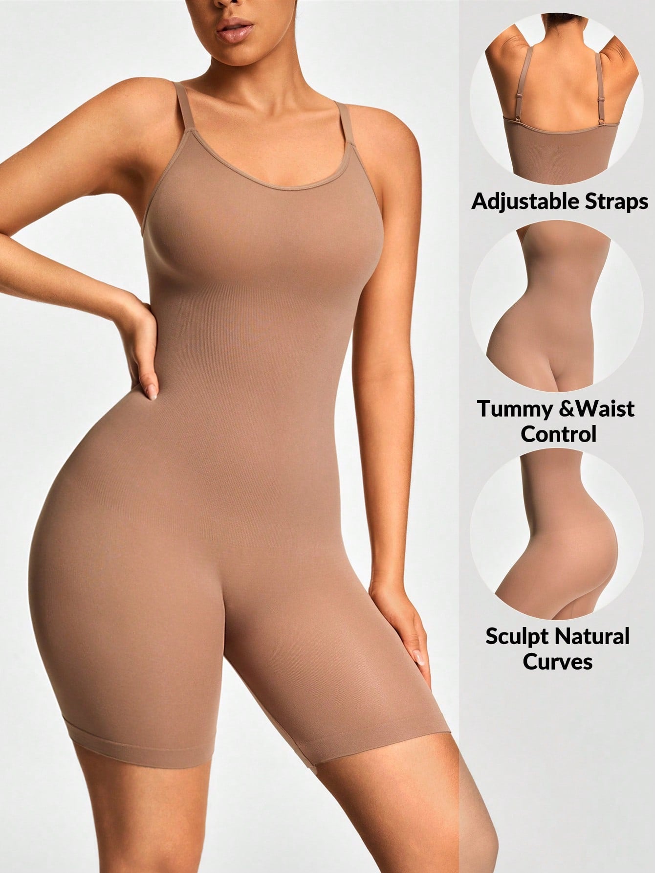 Women One Piece Shapewear Bodycon Romper with Spaghetti Strap Brown- Size M
