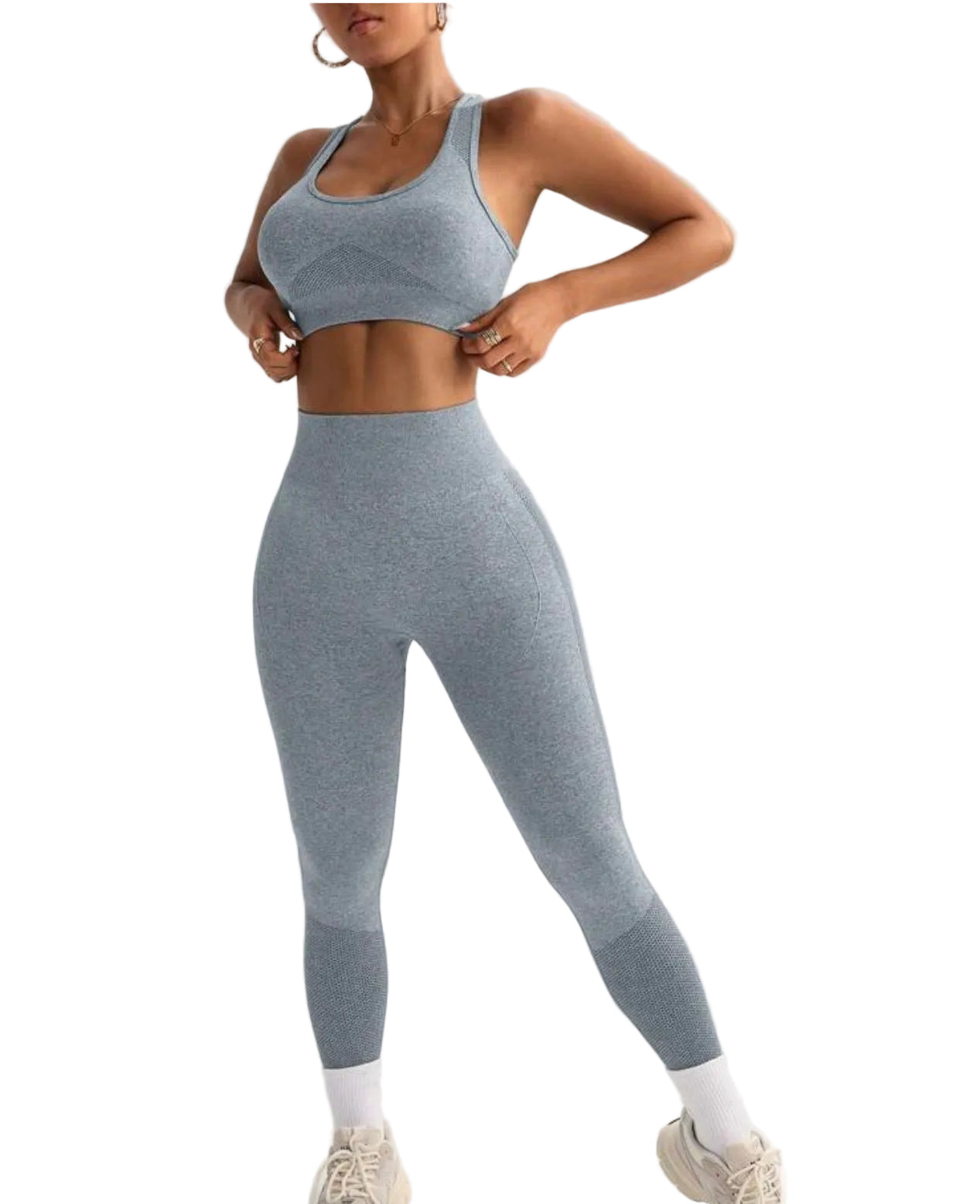 2pcs Women Yoga Gym Casual Solid Wide Strap Top and Skinny Pants Suits Workout Sets- L