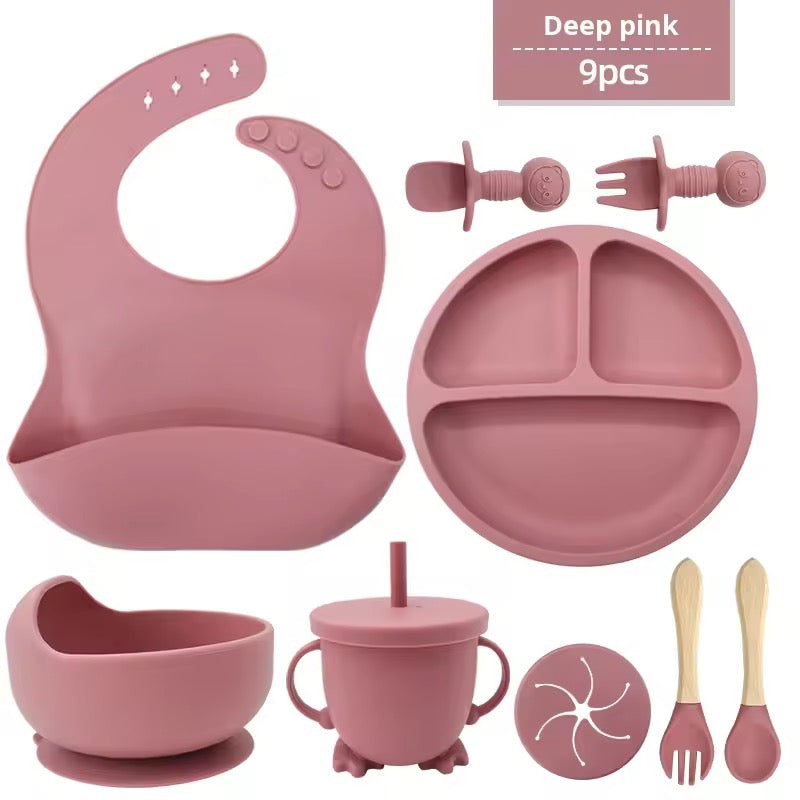 100% Silicone Baby Feeding Set, BPA Free Baby Dishes 9 PCS Set - CHOOSE COLOR