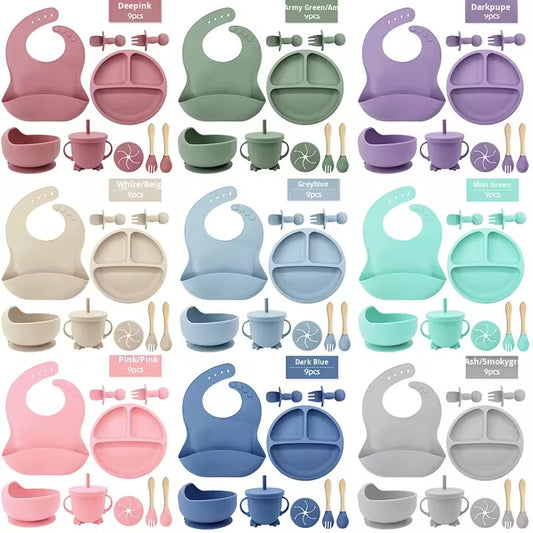 100% Silicone Baby Feeding Set, BPA Free Baby Dishes 9 PCS Set - CHOOSE COLOR