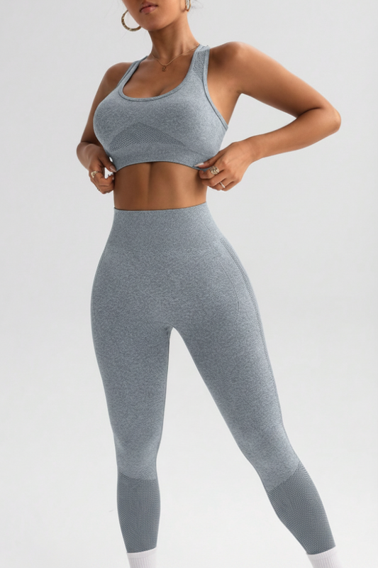2pcs Women Yoga Gym Casual Solid Wide Strap Top and Skinny Pants Suits Workout Sets- L