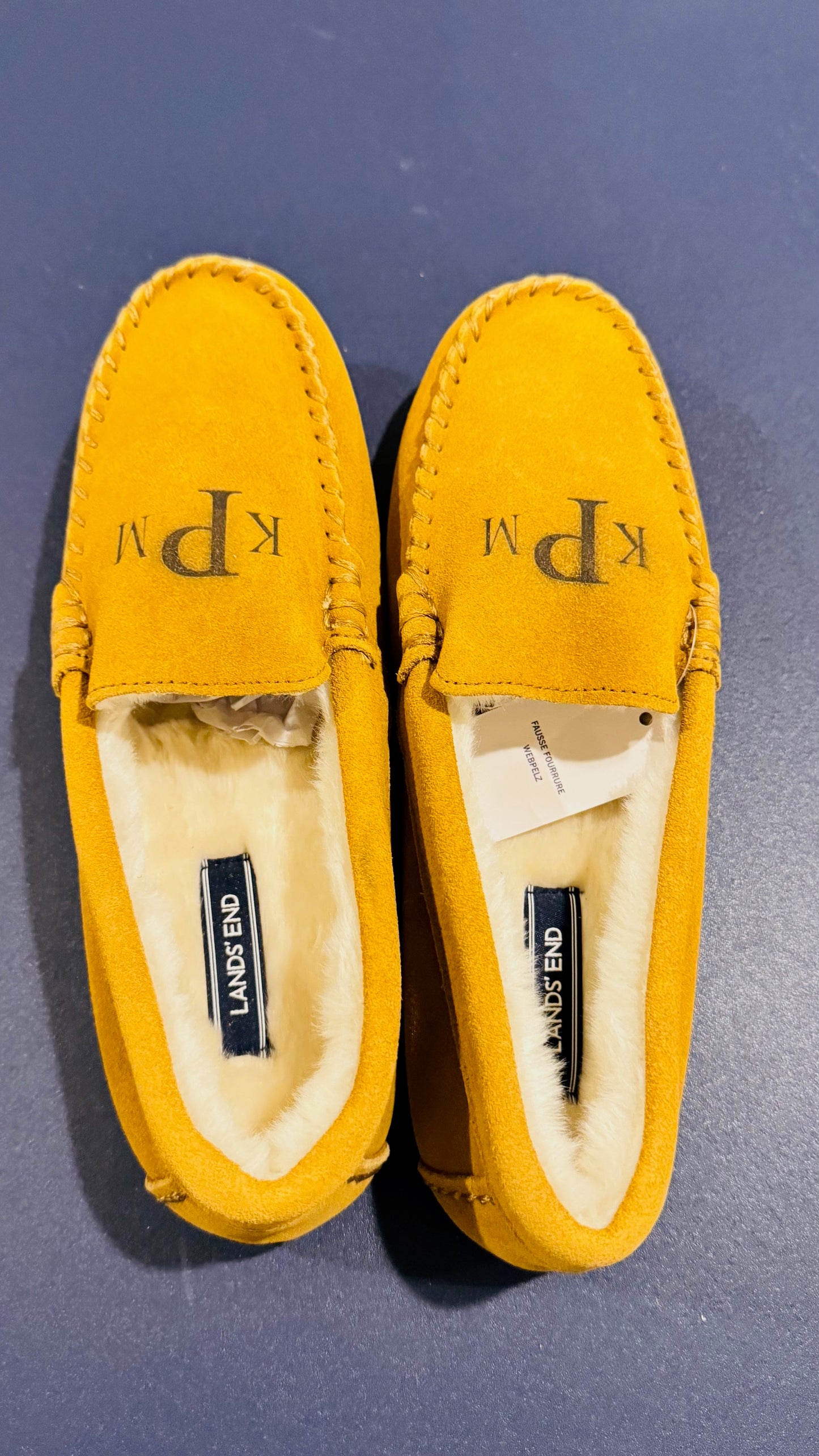 Lands' End Women's Suede Leather Moccasin Slippers English Tan Fur Interior - Size 9