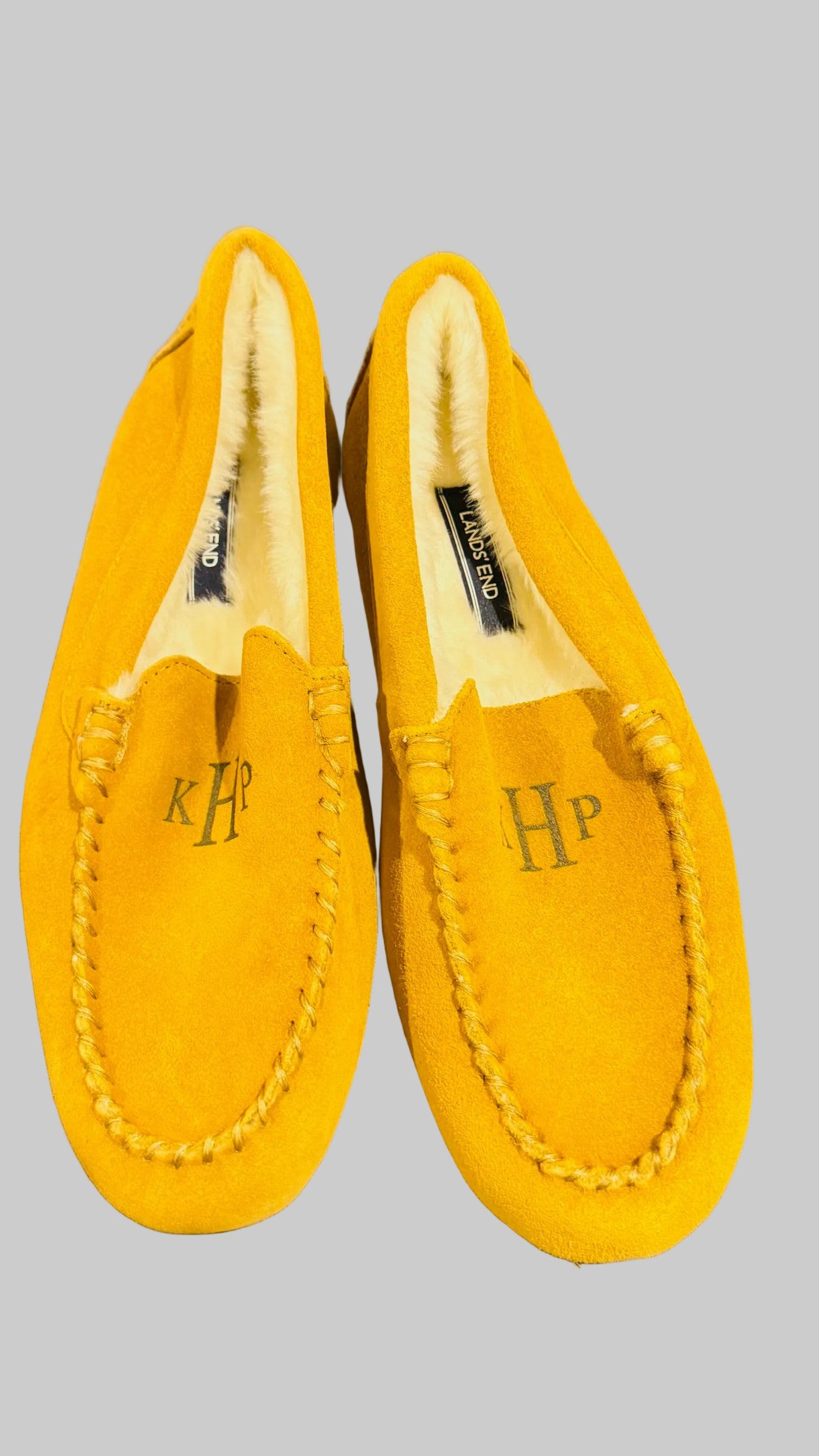 Lands' End Women's Suede Leather Moccasin Slippers English Tan Fur Interior - Size 9