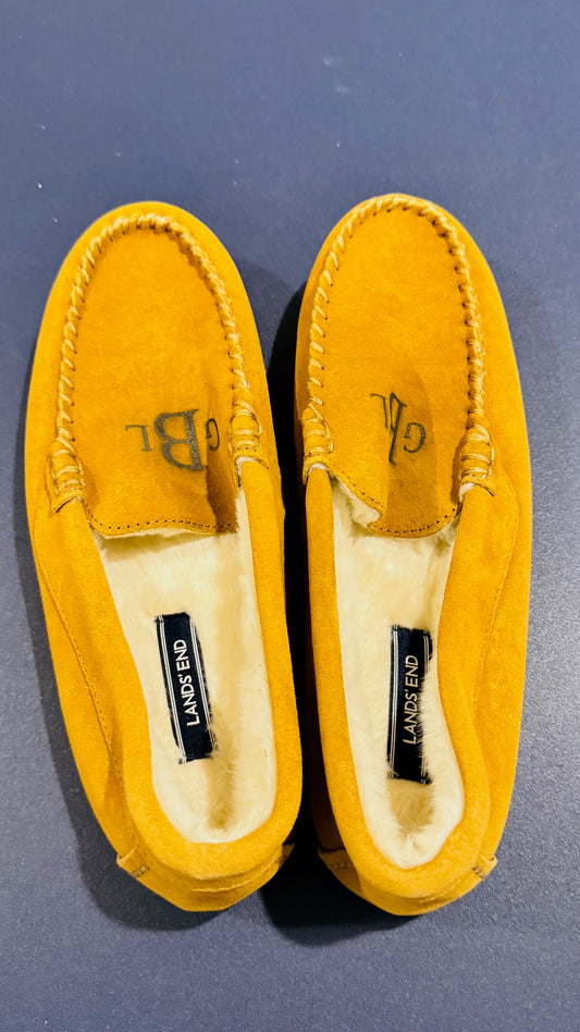 Lands' End Women's Suede Leather Moccasin Slippers English Tan Fur Interior - Size 10