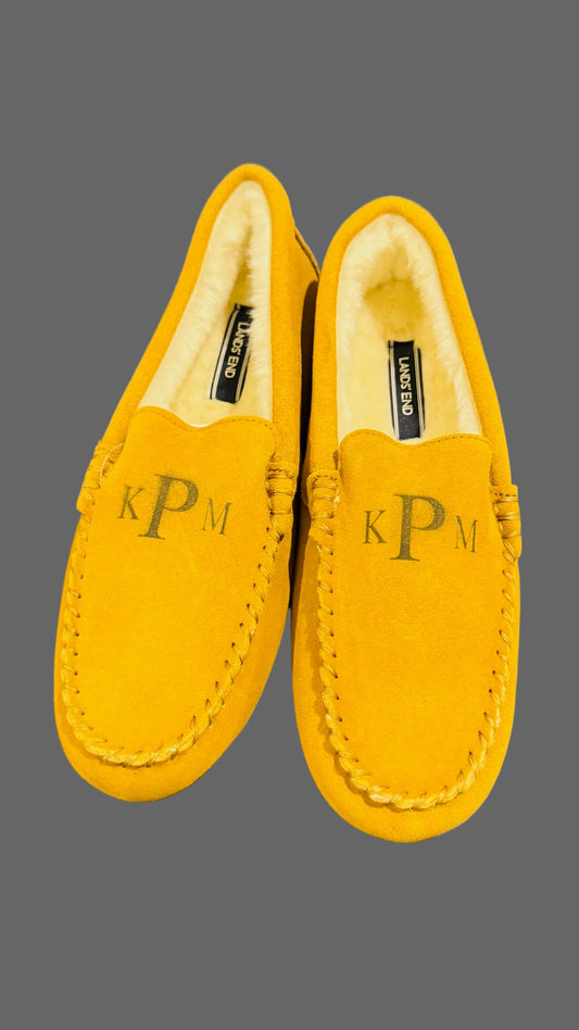 Lands' End Women's Suede Leather Moccasin Slippers English Tan Fur Interior - Size 9
