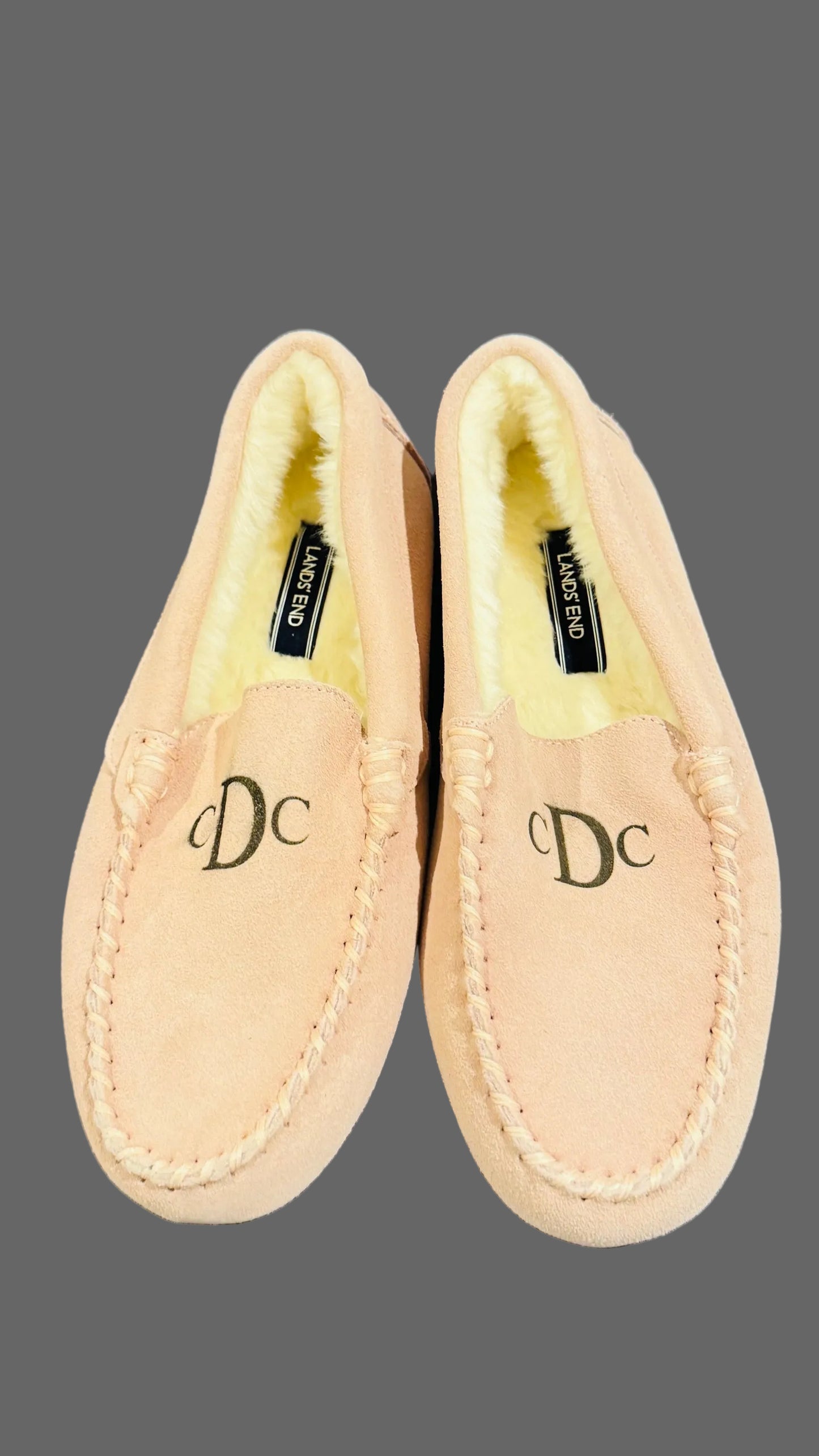 Lands' End Women's Suede Leather Moccasin Slippers Washed Pink Fur Interior - Size 7