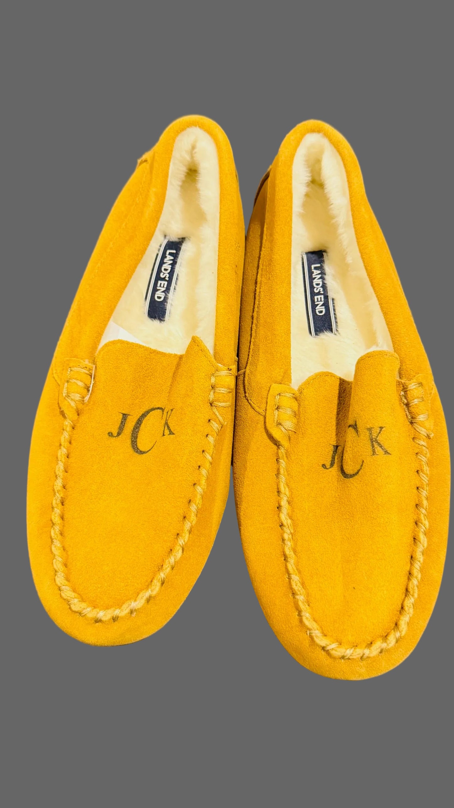 Lands' End Women's Suede Leather Moccasin Slippers English Tan Fur Interior - Size 8