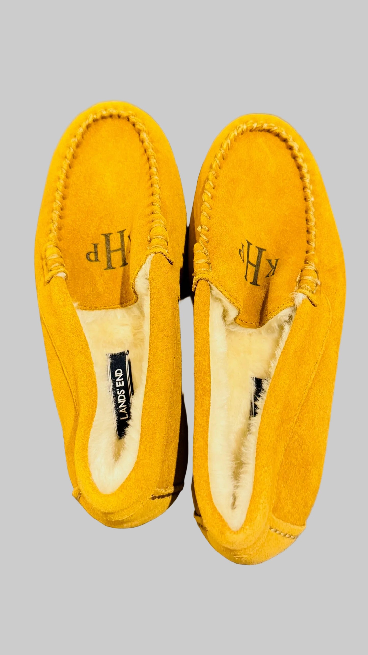 Lands' End Women's Suede Leather Moccasin Slippers English Tan Fur Interior - Size 9